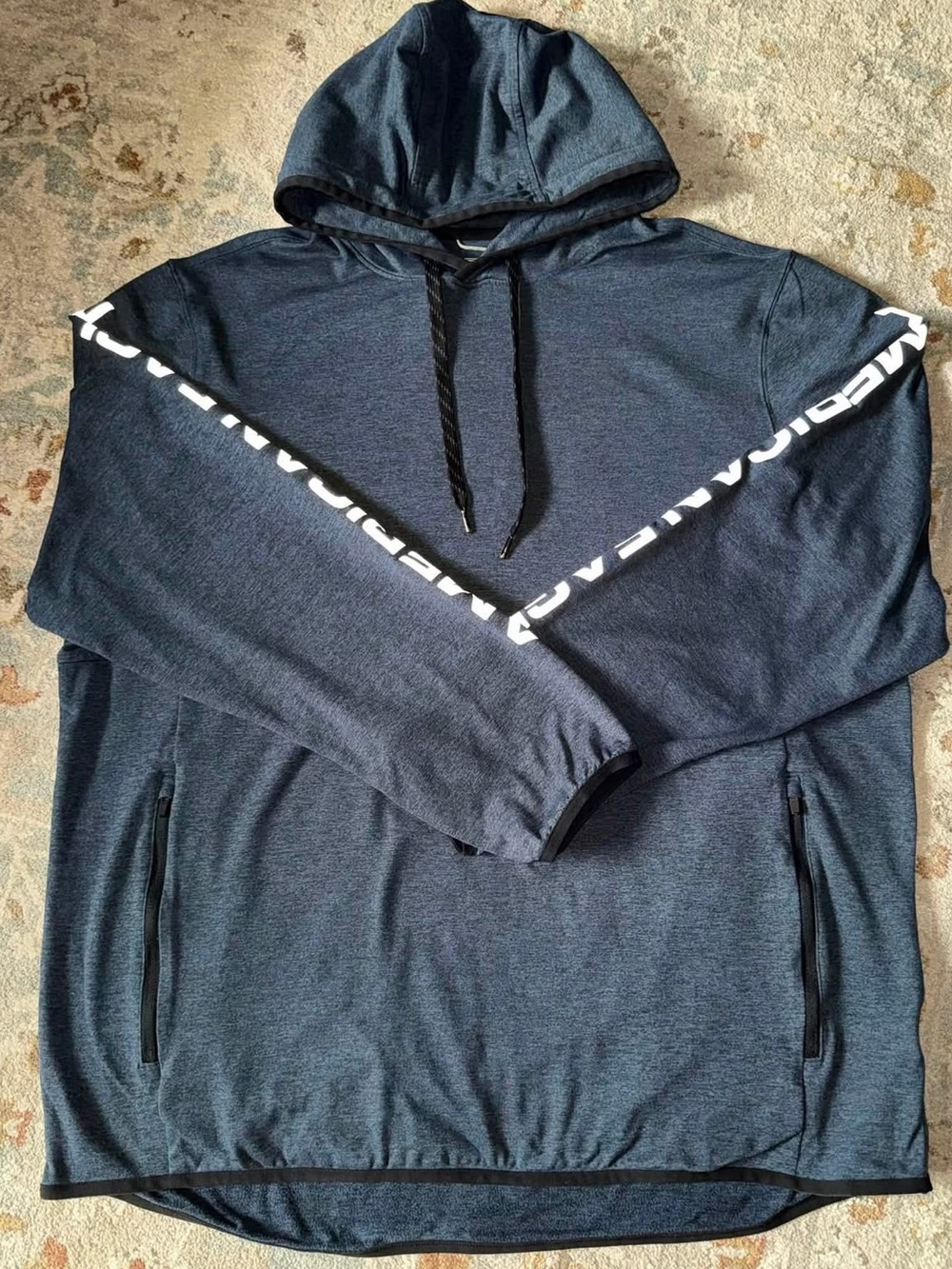 American Eagle Outfitters Navy Hooded Pullover with White Sleeve Lettering
